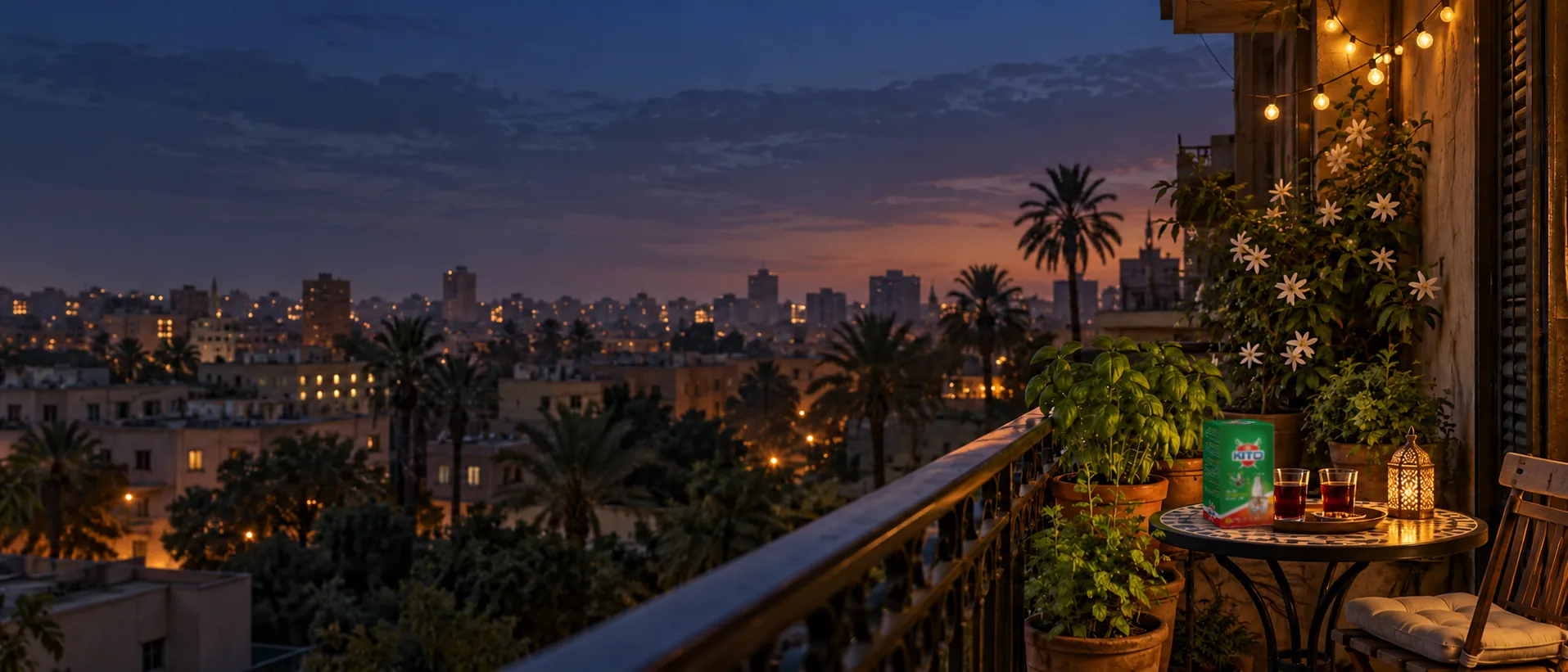 Cairo balcony with plants at dusk, when mosquitoes become active