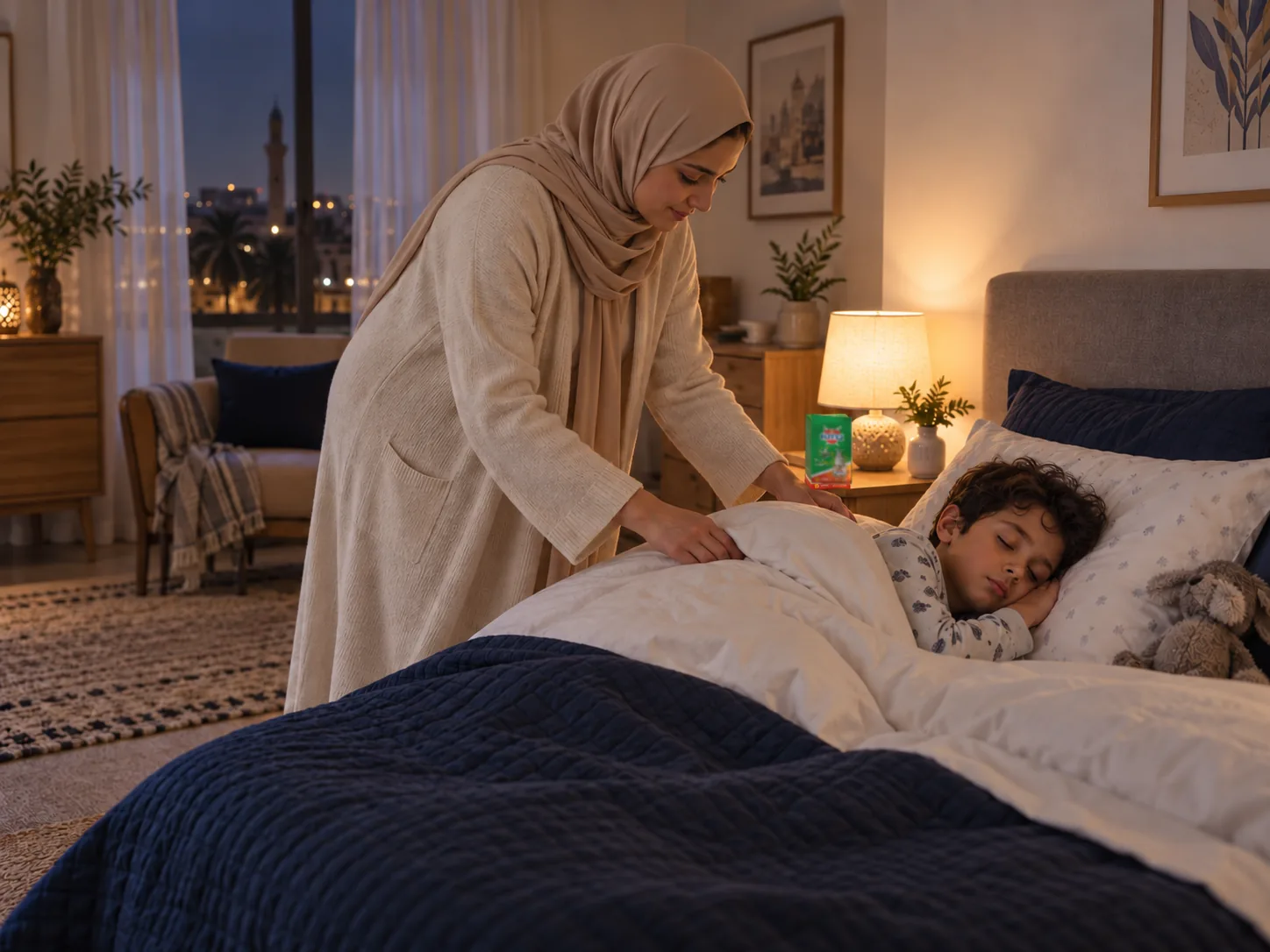 Mother tucking her sleeping son into bed, KITO Liquid on the bedside table