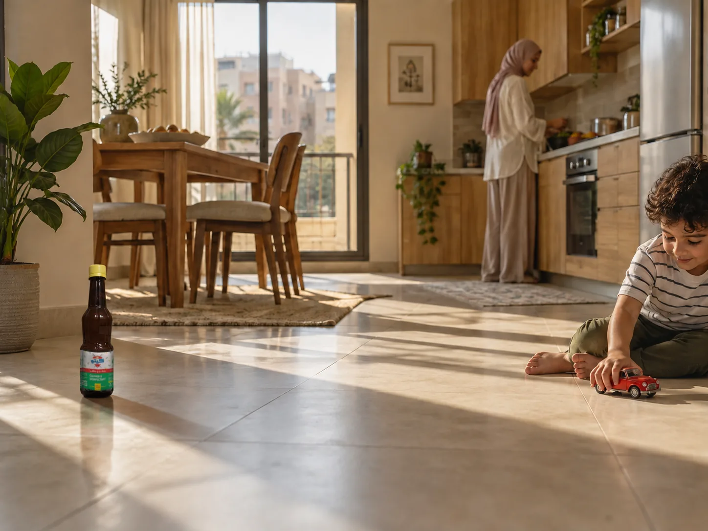 Child playing on a clean floor beside a bottle of KITO Phenic