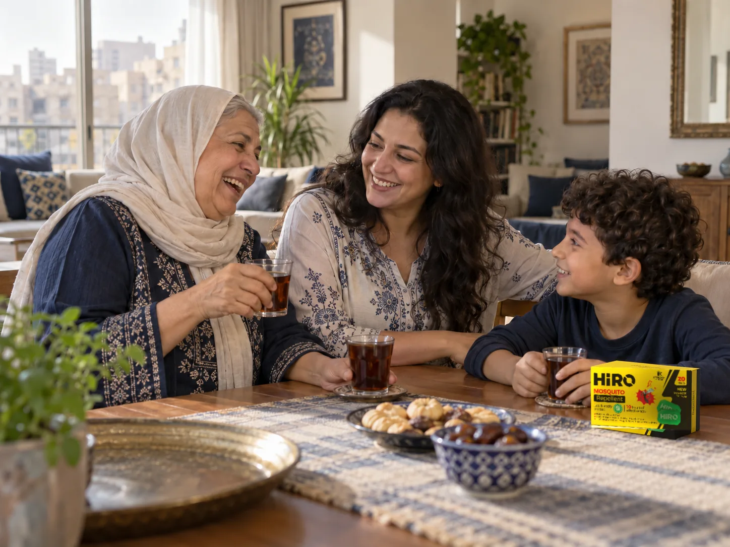 Three generations of an Egyptian family at the table, a pack of HERO mats beside them