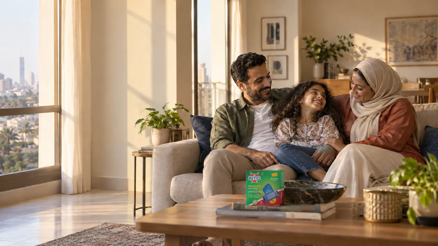 Egyptian family relaxing at home, a pack of KITO Mats on the coffee table